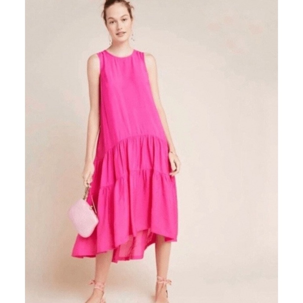 Maeve by Anthropologie Marlene Tiered Maxi Dress Pink Rose Sleeveless L Large